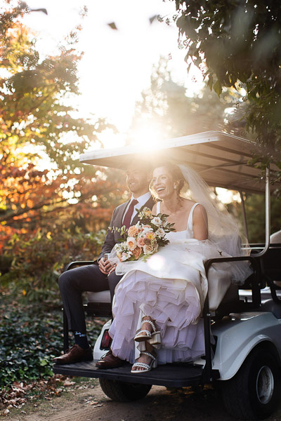 bride groom golf cart sunset